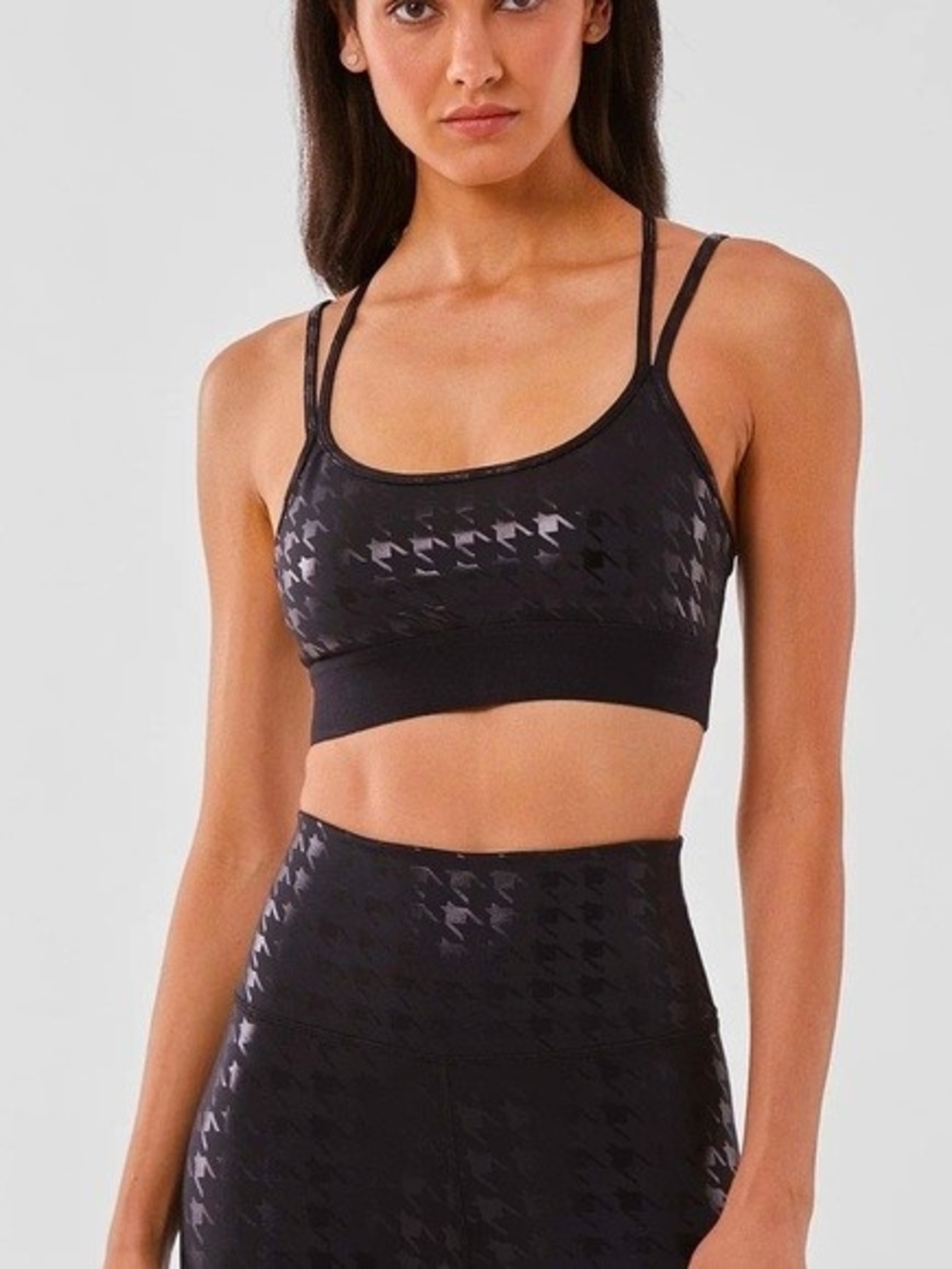 Houndstooth-Print Strappy Sports Bra in Black